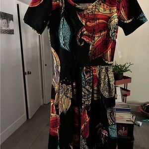 LuLaRoe Black Dress with Red and Blue Swirls